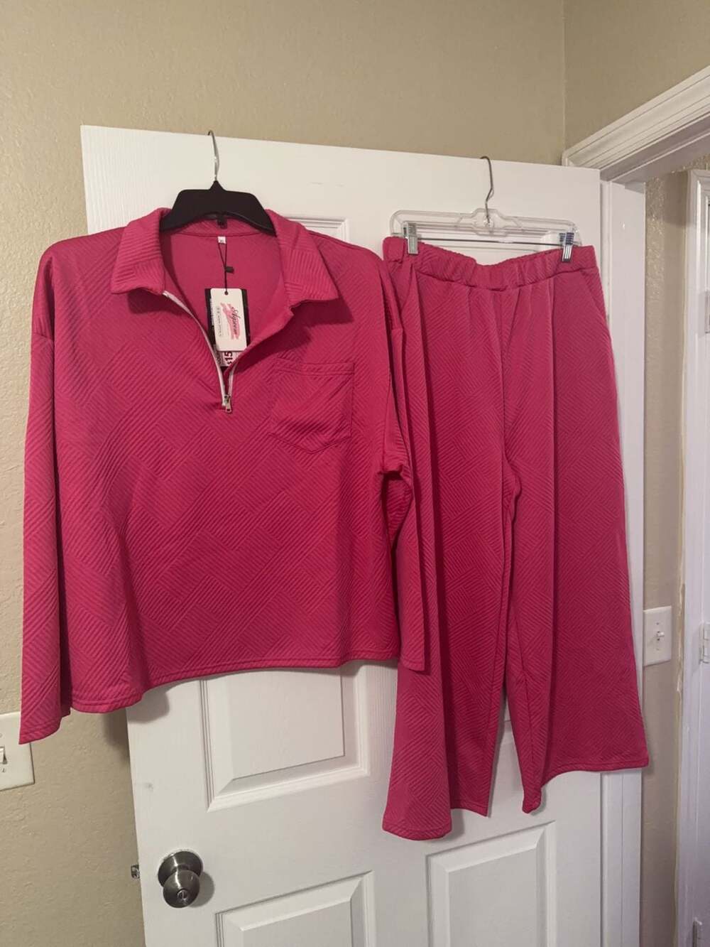 Agseem Women's 2-Piece Textured Quarter-Zip and Wide-Leg Pant Set Pink XL